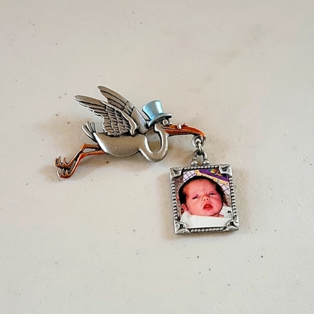 J.J. Pewter Stork Brooch Pin with Photo Frame